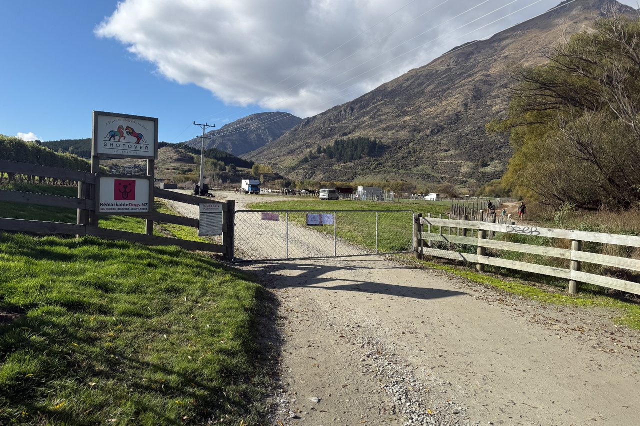 Gravel driveway leading to the metal gate at Shotover Equestrian, with fencing and mountain backdrop