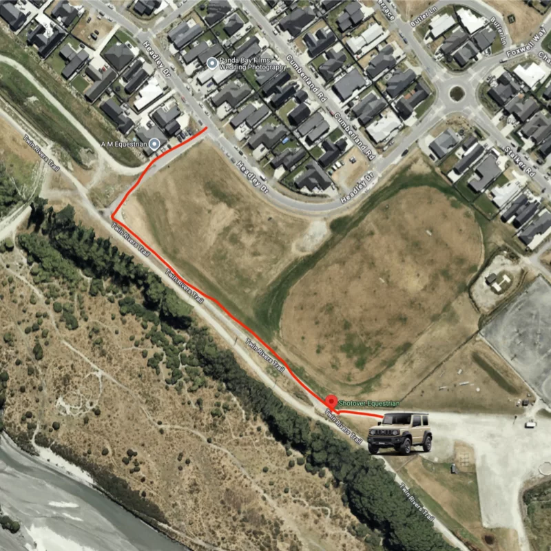 Aerial map of Shotover Country showing the route along Twin Rivers Trail to Shotover Equestrian, with the Jimny pickup point marked